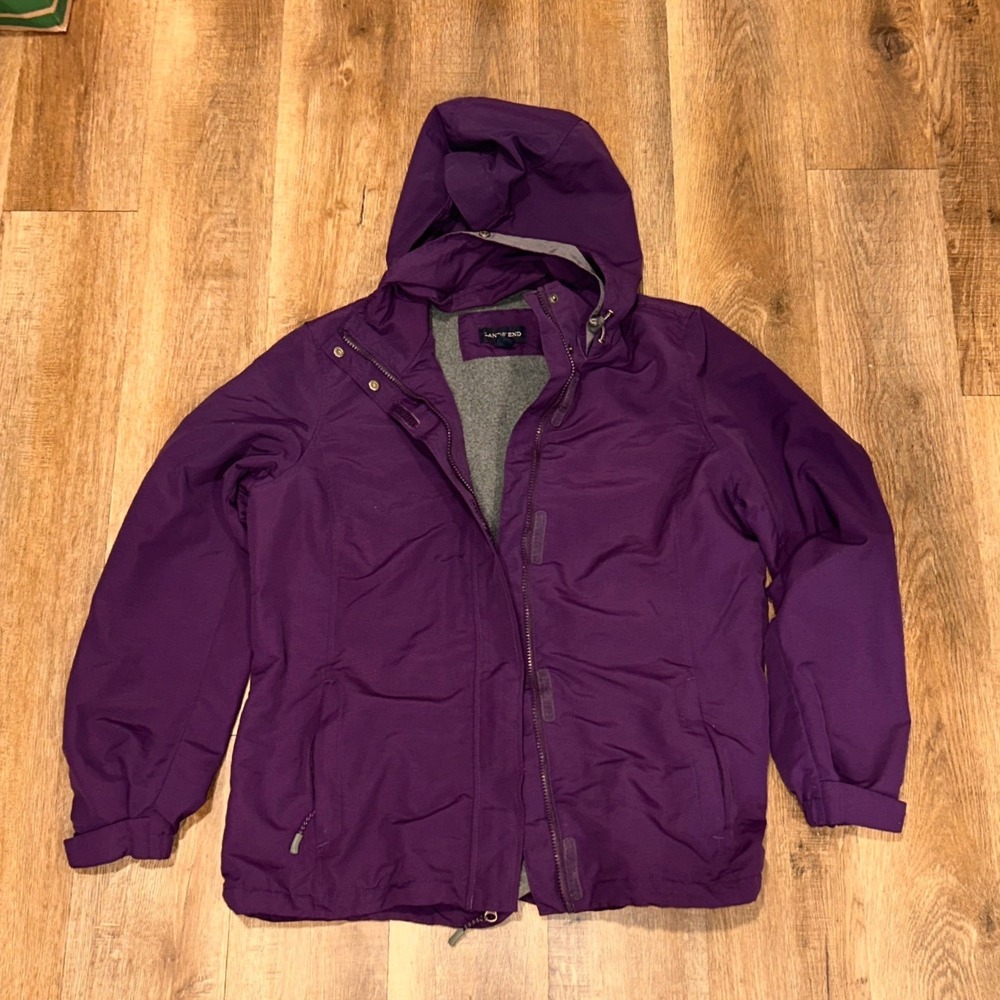 Vintage Lands End Womens Purple Squall Jacket Fleece Lined Hooded Rain Coat Sz L